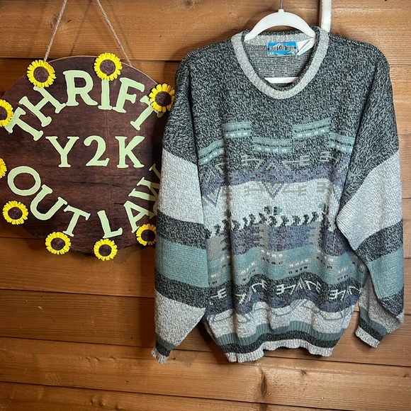 Woodland Trail Vintage Aztec Southwest Knit Chunky Grandpa Mountains Fisherman - Picture 2 of 6